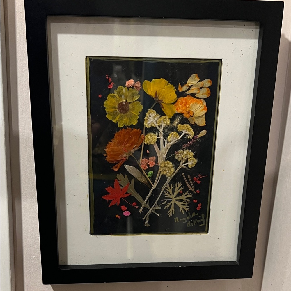Pressed Flower Art in Black Frame - Yellow & Orange Floral